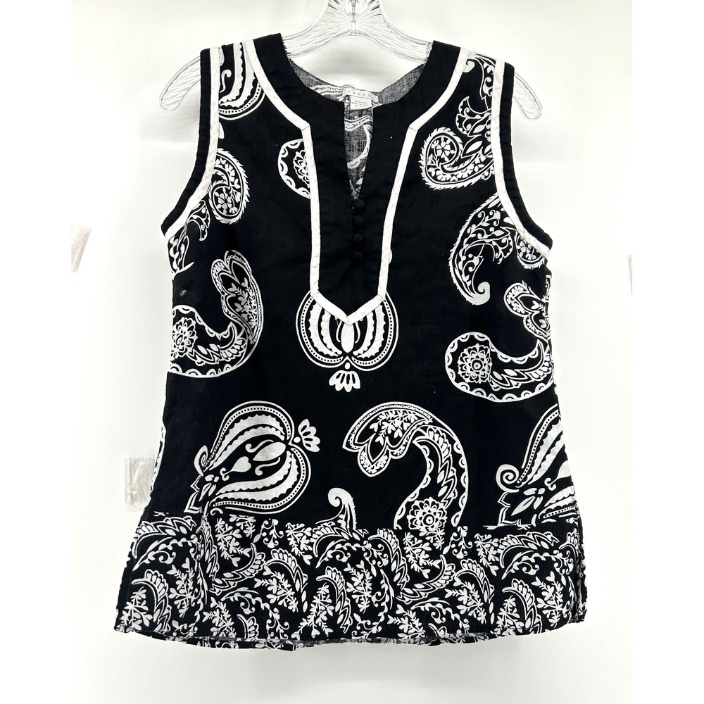 Tweeds Womens Black White Paisley 100% Linen Sleeveless Split Neck Blouse Large